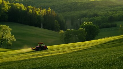 Green field with a red tractor mowing the grass