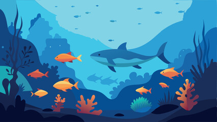 Naklejka premium A blue ocean with a shark swimming in the middle