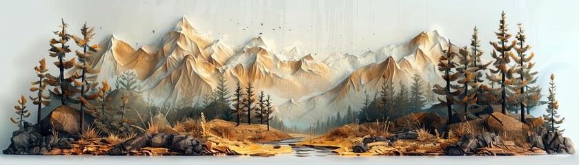 3D origami landscape with mountains and trees, natural textures, earthy tones, Nature, Illustration, Realistic Detail
