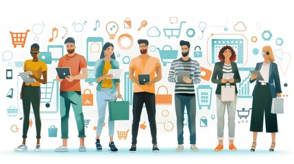Fototapeta premium Row of People in Fashionable Attire, Smiling and Standing Together, Representing Unity and Happiness in Social Media and Business