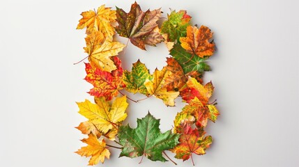Colorful autumn maple leaves arranged in letter B shape on white background viewed from above
