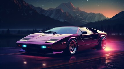 Naklejka premium Futuristic synthwave car driving at night in vivid purple neon hues, exuding a cyberpunk vibe