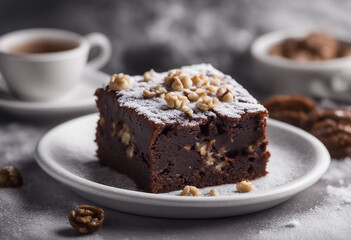 A decadent chocolate brownie topped with walnuts and dusted with powdered sugar isolated on transpar