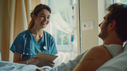 A nurse talks to a patient in a hospital bed, providing care and attention