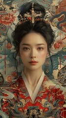 Exquisite East Asian Woman in Traditional Attire with Mythical Creature Backdrop