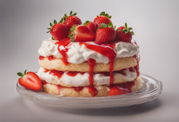 An elaborate strawberry shortcake layered with whipped cream and fresh strawberries topped with a st