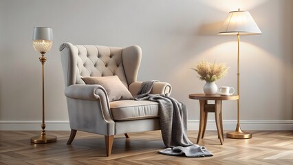 Comfy armchair with a soft throw blanket and a cup of tea on the side table. there is a floor lamp next to the chair. the room is decorated in a modern style with neutral colors.