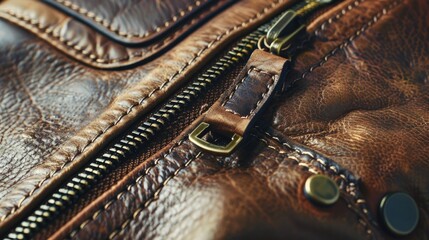 Close up view of vintage metallic zipper on leather handbag with space for text