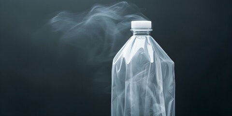 Transforming recycled plastic bottles into polyester fabric for clothing amid dark background. Concept Recycled Plastic Bottles, Polyester Fabric, Sustainable Fashion, Clothing Industry