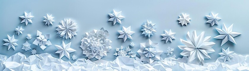 Folded paper snowflakes, 3D, winter theme, white background