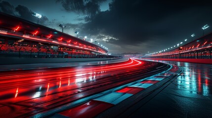 Nighttime View of Wet Race Track With Illuminated Stands and Red Lights