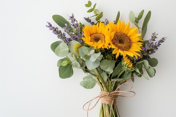 Naklejka premium Rustic bouquet with sunflowers, lavender, and eucalyptus, tied with a jute twine, set against a neutral white background for a clean