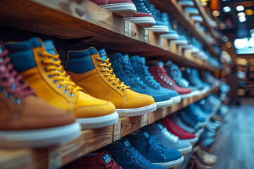 A colorful display of shoes in various styles and sizes at a shoe store.A row of footwear is neatly arranged on a wooden shelf in a retail store