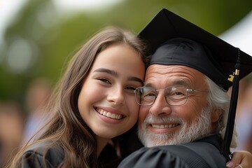 Fototapeta premium Young graduate woman embracing father on her graduation,