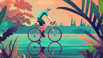 Biking trails with a cyclist in a helmet flat design, side view, nature exploration theme, water color, Complementary Color Scheme, copy space for text,
