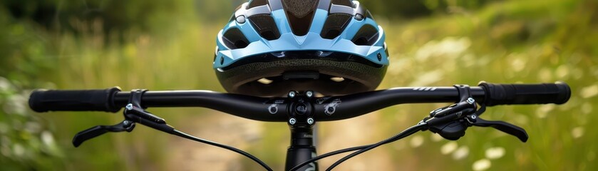 Closeup of a helmet on a bike handlebar on a trail flat design, front view, summer ride theme, animation, vivid, copy space for text,