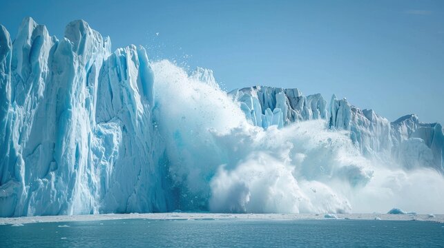 A substantial ice mass breaking off a glacier into the sea