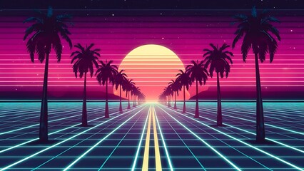 Naklejka premium 80s synthwave with neon lights, palm trees, grid-lined road, glowing horizon, retro sun, starry sky