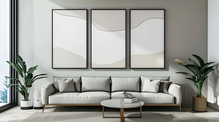 empty mockup posters frame wall in modern interior living room background Frame mockup Living room wall poster mockup. Interior mockup with house background. Modern interior design.