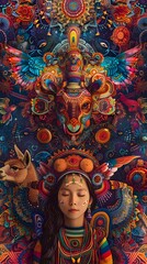 Fototapeta premium Vibrant Andean Mythical Creatures Surround Centered Andean Woman in Traditional Dress