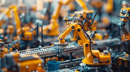 Realistic 164 scale miniature robot assembly factory with robotic arms and assembly lines, Miniature, Intricate depiction of modern manufacturing