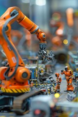 164 scale miniature robot assembly factory interior with detailed machinery and workers, Miniature, Authentic industrial production scene