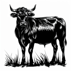 Fototapeta premium A black and white drawing of a bull standing in the grass