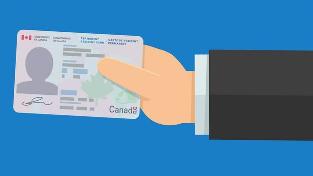 Animation of a hand presenting a permanent resident card of Canada from the right on blue background (flat design)