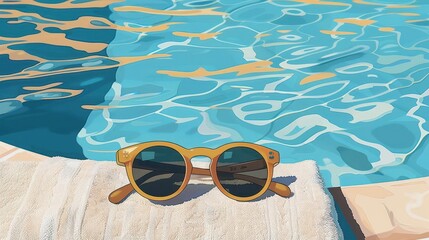 Sunglasses resting on a towel beside a pool flat design, front view, beach club theme, cartoon drawing, Splitcomplementary color scheme, copy space for text,