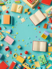 A bright and playful scene with colorful toys and open books scattered around a blue background. Generative AI