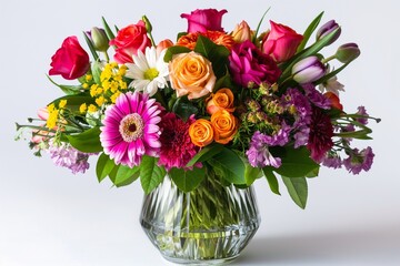 Obraz premium vibrant bouquet featuring a mix of colorful flowers like roses, tulips, and daisies, arranged in a clear glass vase, placed on a white background