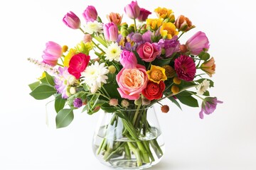 Fototapeta premium vibrant bouquet featuring a mix of colorful flowers like roses, tulips, and daisies, arranged in a clear glass vase, placed on a white background