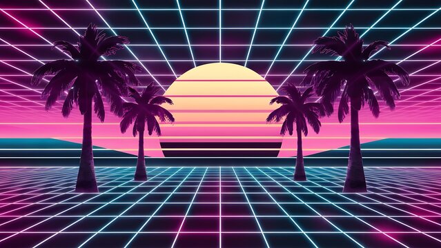 80s synthwave aesthetic with neon colors, grid lines, glowing sunset, palm trees, retro sun, empty space

