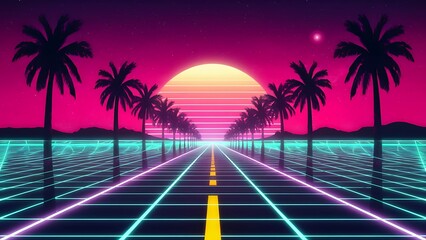 80s synthwave with neon lights, palm trees, grid-lined road, glowing horizon, retro sun, starry sky

