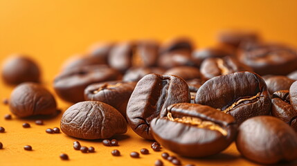 Freshly roasted coffee beans on a yellow background. Texture of coffee beans close up