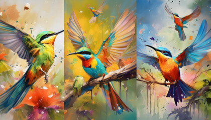Fototapeta premium Collection Set of splashing point, abstract Bee Eater Buddies background, Generative AI.