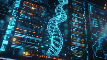 DNA medical screen hologram science hud data analysis body research background futuristic. Screen DNA infographic medical scan health digital 3d technology medicine human tech ui graph interface lab
