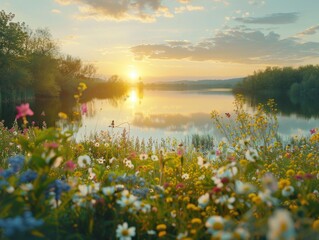 Fototapeta premium A serene sunset scene over a lake surrounded by colorful wildflowers, perfect for travel, nature, or calm ambiance themes
