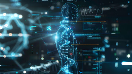 DNA medical screen hologram science hud data analysis body research background futuristic. Screen DNA infographic medical scan health digital 3d technology medicine human tech ui graph interface lab