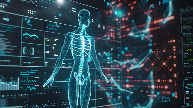 DNA medical screen hologram science hud data analysis body research background futuristic. Screen DNA infographic medical scan health digital 3d technology medicine human tech ui graph interface lab - Powered by Adobe