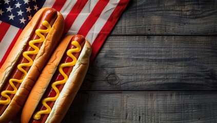 Naklejka premium American Hot Dogs with Mustard on Wooden Table Next to USA Flag