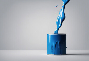 Large open can of blue paint with drips isolated on transparent background