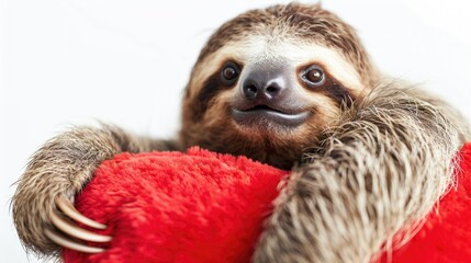 A sloth holds a red plush toy in its arms, making for a cute and unique scene