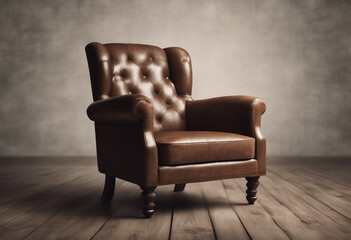 Old styled brown vintage armchair made with lather isolated on transparent background
