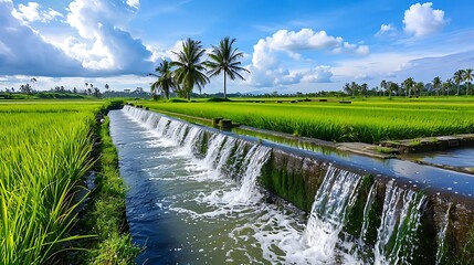 Water flows in a rice paddy field with a water dam and sky background in bright daylight.