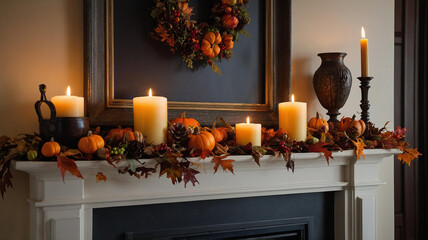 Fireplace mantel decorated with fall foliage, gourds, candles. Mantel is white and fireplace is black. Thanksgiving Day holiday concept