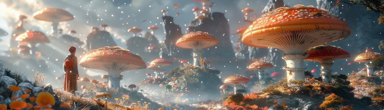 Giant s Playground A landscape with oversized objects and terrain, like giant mushrooms and flowers