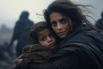 Couple of refugees, mother and her child