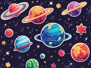 Obraz premium Space Planets and Stars Universe Exploration Digital Illustration - Sticker Design