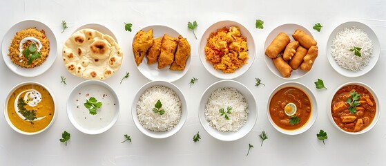 a variety of Indian dishes in white bowls on a pure white background